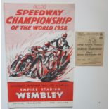 1958 SPEEDWAY CHAMPIONSHIP OF THE WORLD AT WEMBLEY PROGRAMME + TICKET