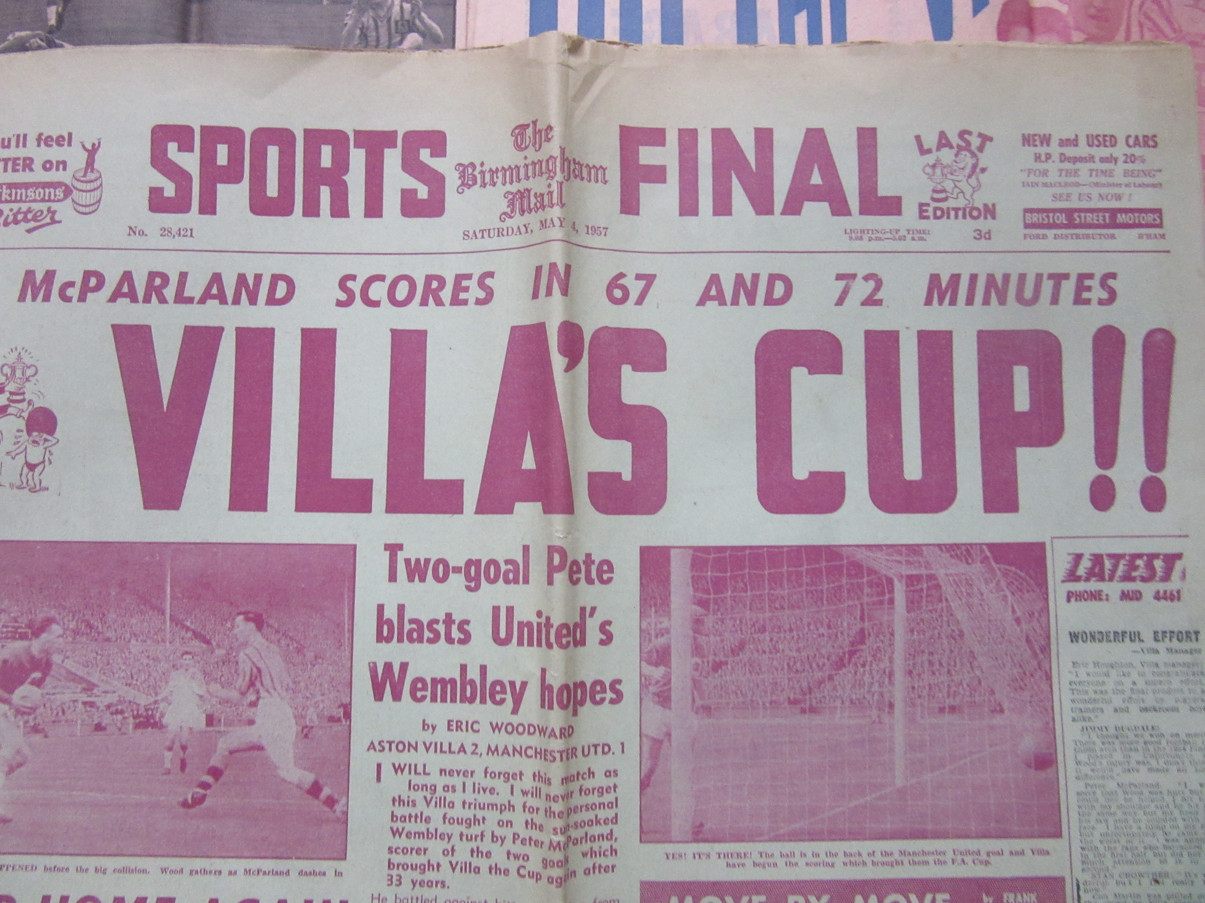 1957 FA CUP FINAL ASTON VILLA V MANCHESTER UNITED NEWSPAPERS X 3 - Image 2 of 3