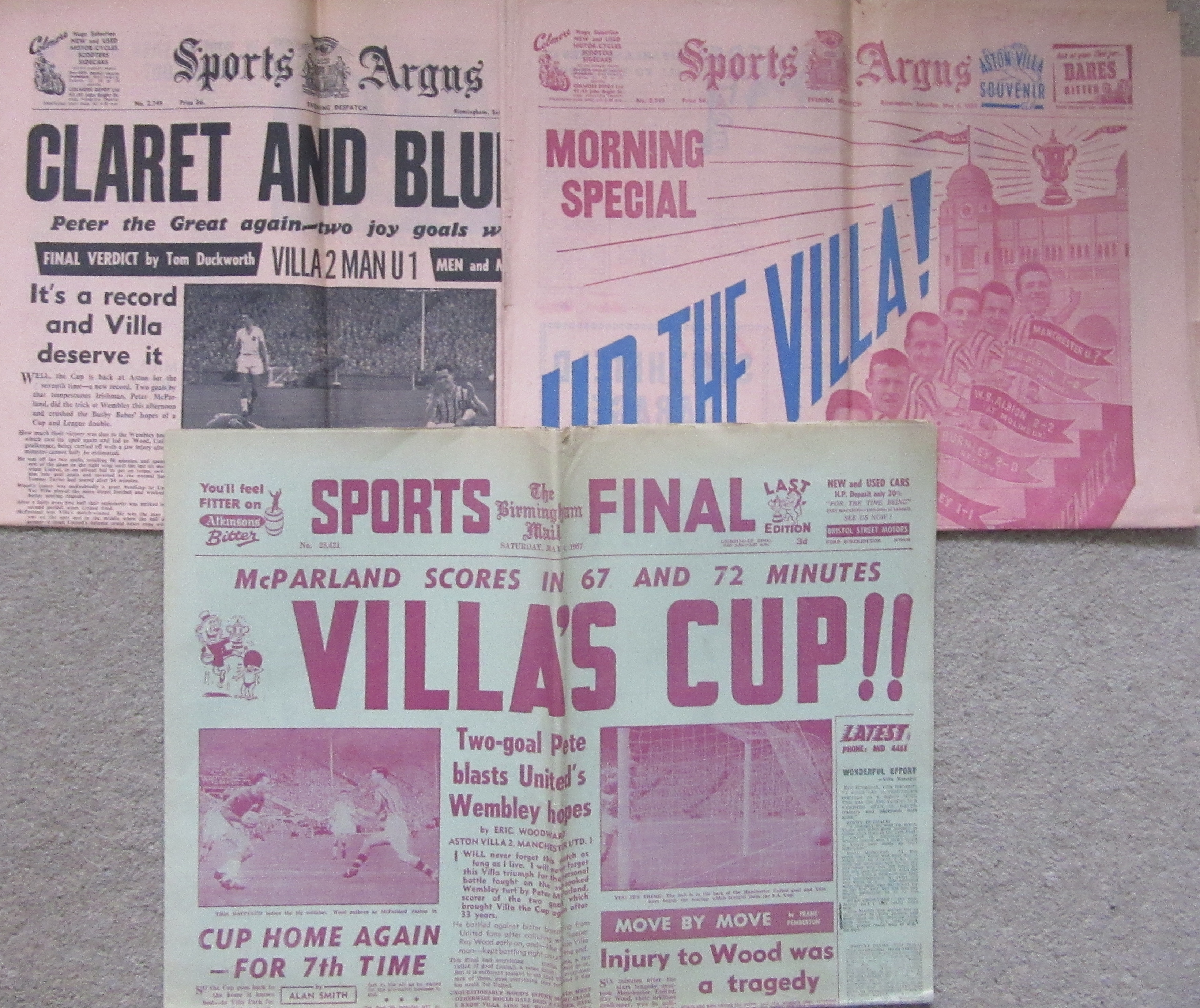 1957 FA CUP FINAL ASTON VILLA V MANCHESTER UNITED NEWSPAPERS X 3