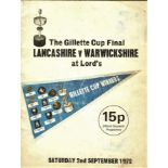 CRICKET - GILLETTE CUP FINAL 1972 LANCASHIRE V WARWICKSHIRE OFFICIAL PROGRAMME