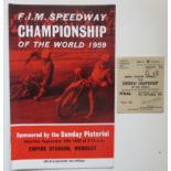 1959 SPEEDWAY CHAMPIONSHIP OF THE WORLD AT WEMBLEY PROGRAMME & TICKET