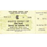CRICKET - 1972 GILLETTE CUP FINAL TICKET LANCASHIRE V WARWICKSHIRE