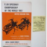 1961 SPEEDWAY CHAMPIONSHIP OF THE WORLD AT WEMBLEY PROGRAMME & TICKET