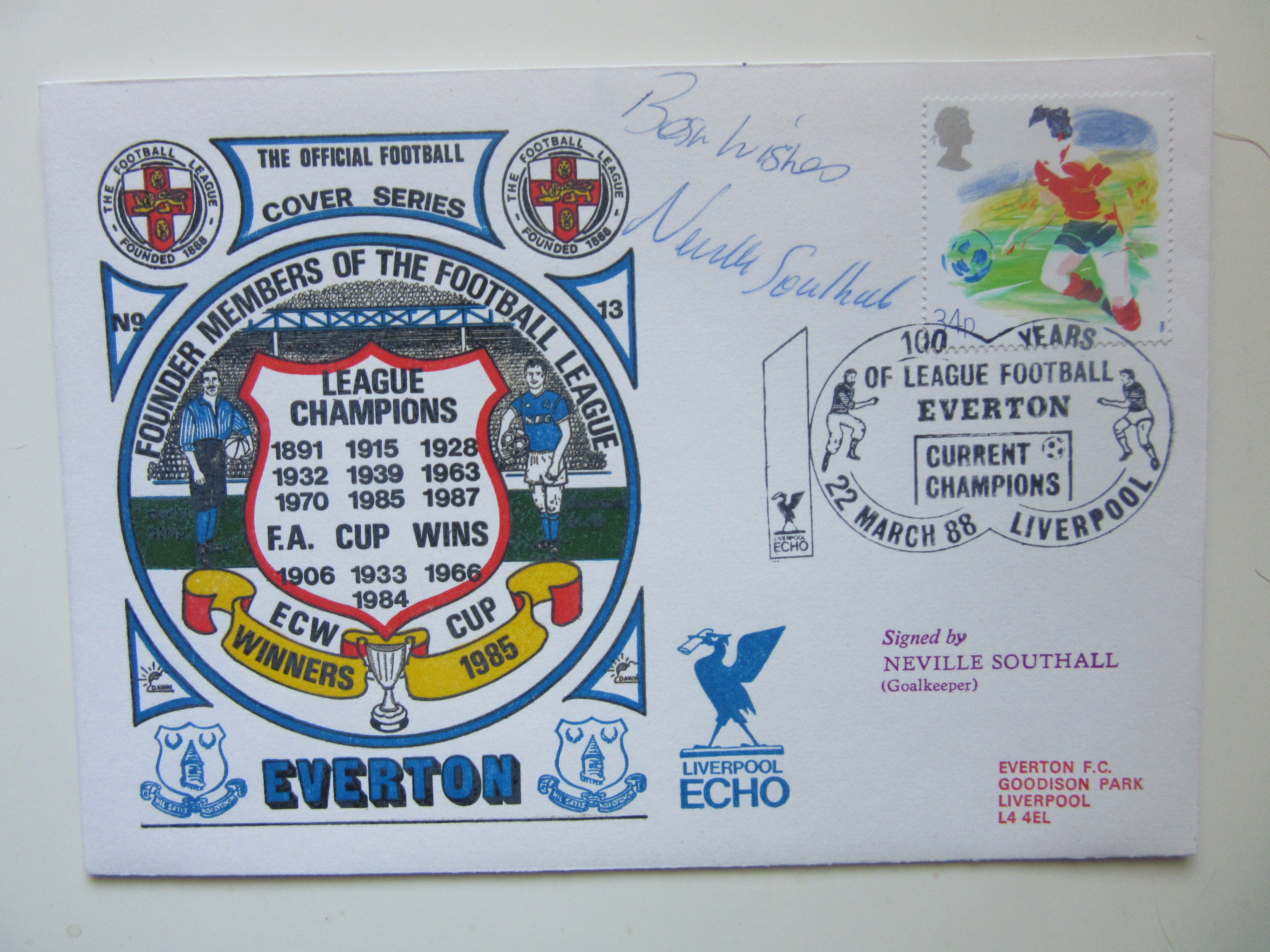 1988 EVERTON LIMITED EDITION POSTAL COVER AUTOGRAPHED BY NEVILLE SOUTHALL