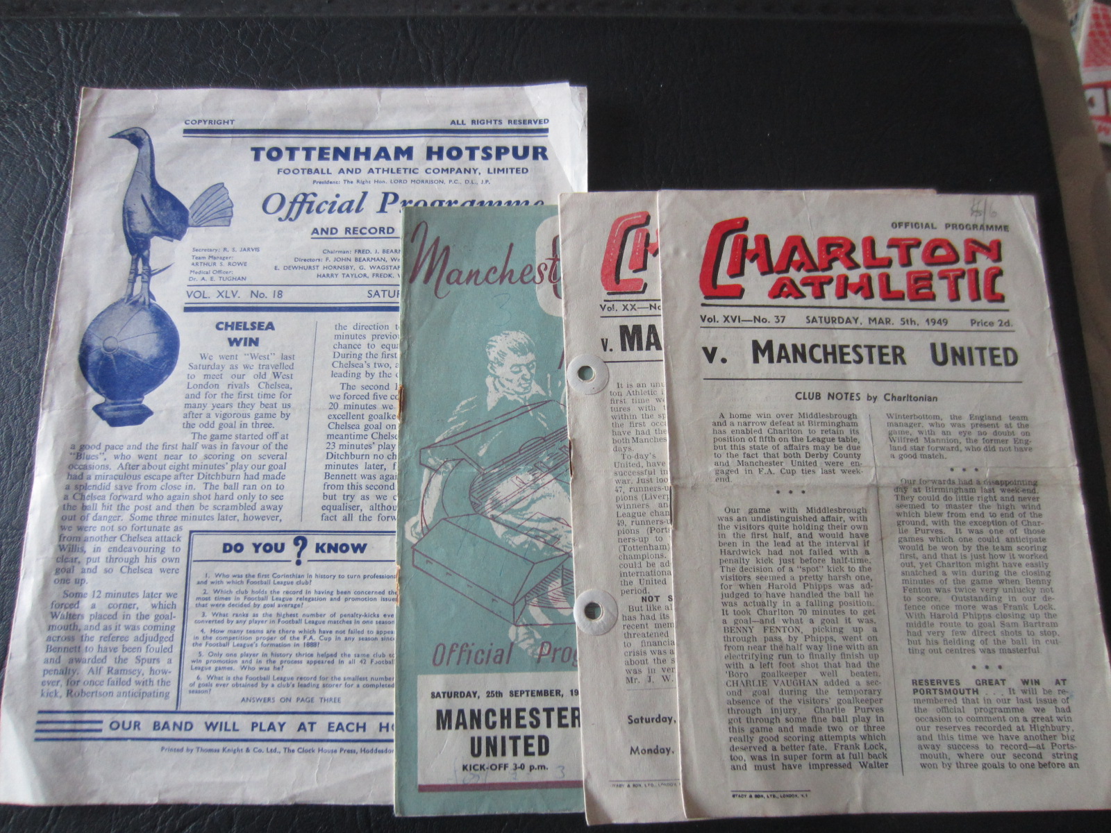 MANCHESTER UNITED AWAY PROGRAMMES 1940'S & 50'S X 4