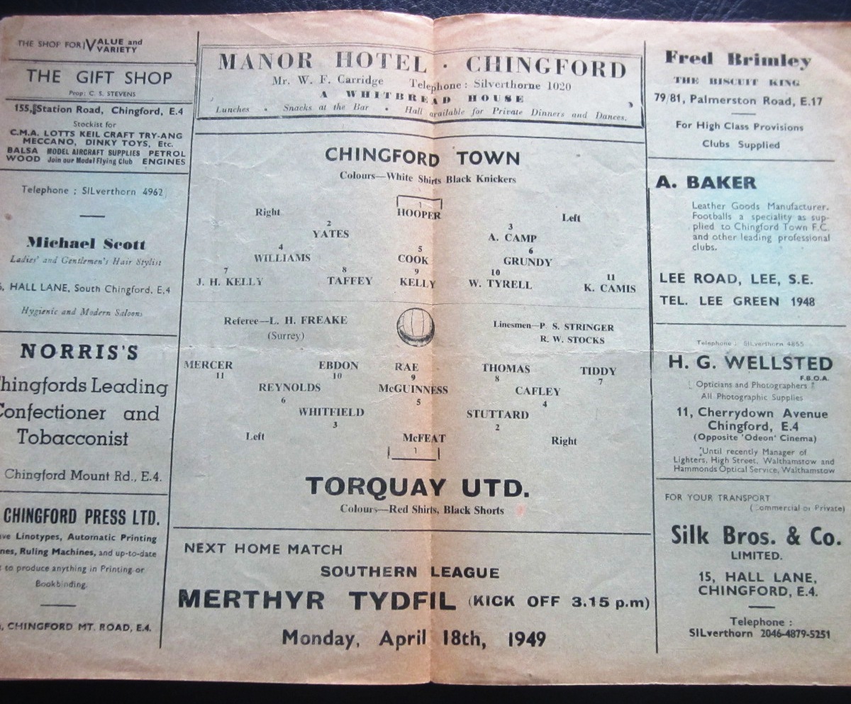 1948-49 CHINGFORD TOWN V TORQUAY UNITED RESERVES - Image 2 of 2