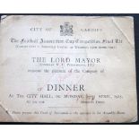 CARDIFF CITY INVITATION TO THE DINNER HELD FOR THE 1925 FA CUP FINAL