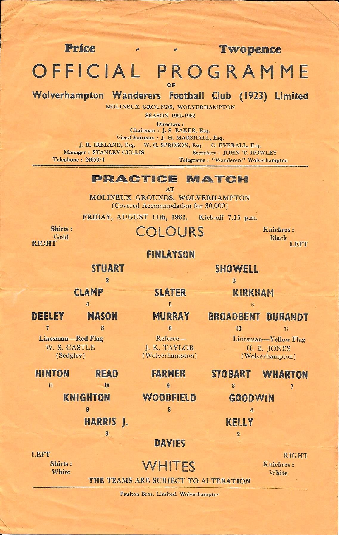 1961 WOLVES PRACTICE MATCH - COLOURS V WHITES