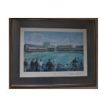 CRICKET - FRAMED PRINT TITLED ' LORDS ' BY ALAN FEARNLEY & HAND SIGNED BY DENIS COMPTON