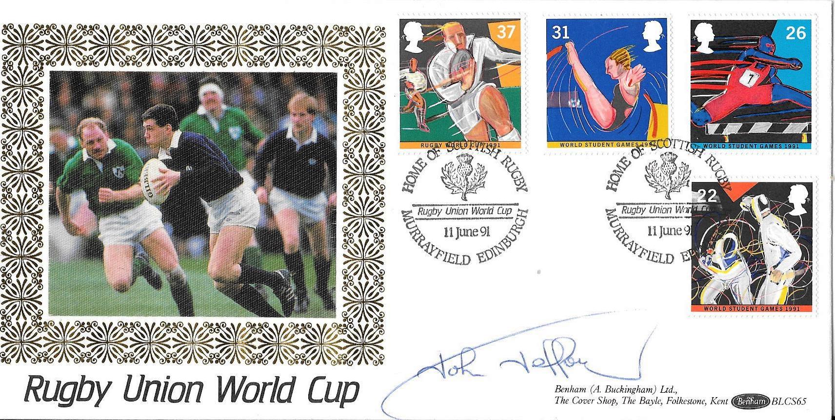 RUGBY UNION 1991 WORLD CUP POSTAL COVER AUTOGRAPHED BY SCOTLAND'S JOHN JEFFREY