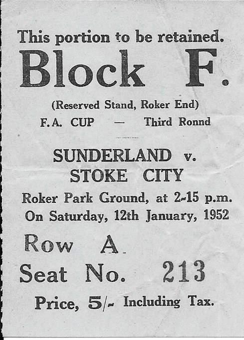 1951-52 SUNDELAND V STOKE CITY FA CUP TICKET
