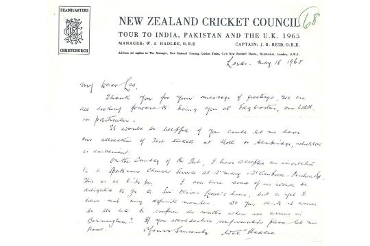 CRICKET - HAND SIGNED LETTER FROM WALTER HADLEE NEW ZEALAND TO WARWICKSHIRE CCC