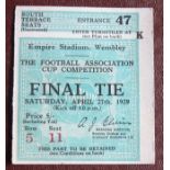 1929 FA CUP FINAL BOLTON V PORTSMOUTH ORIGINAL TICKET