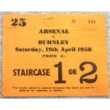 1957-58 ARSENAL V BURNLEY TICKET