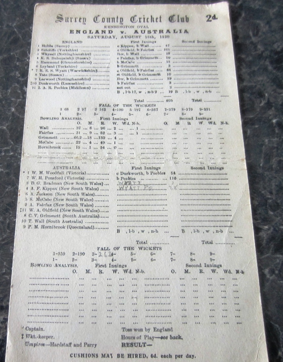 CRICKET - 1930 ENGLAND V AUSTRALIA AT THE OVAL SCORECARD