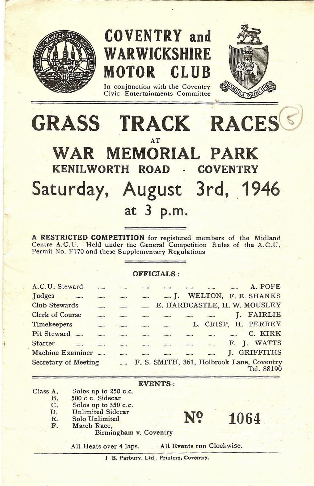 SPEEDWAY - 1946 GRASS TRACK PROGRAMME @ COVENTRY WAR MEMORIAL PARK