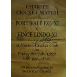 CRICKET - LARGE POSTER VINCE LINDO XI (NOTTS) V P.VALE FOOTBALL CLUB SIGNED BY RICHARD HADLEE