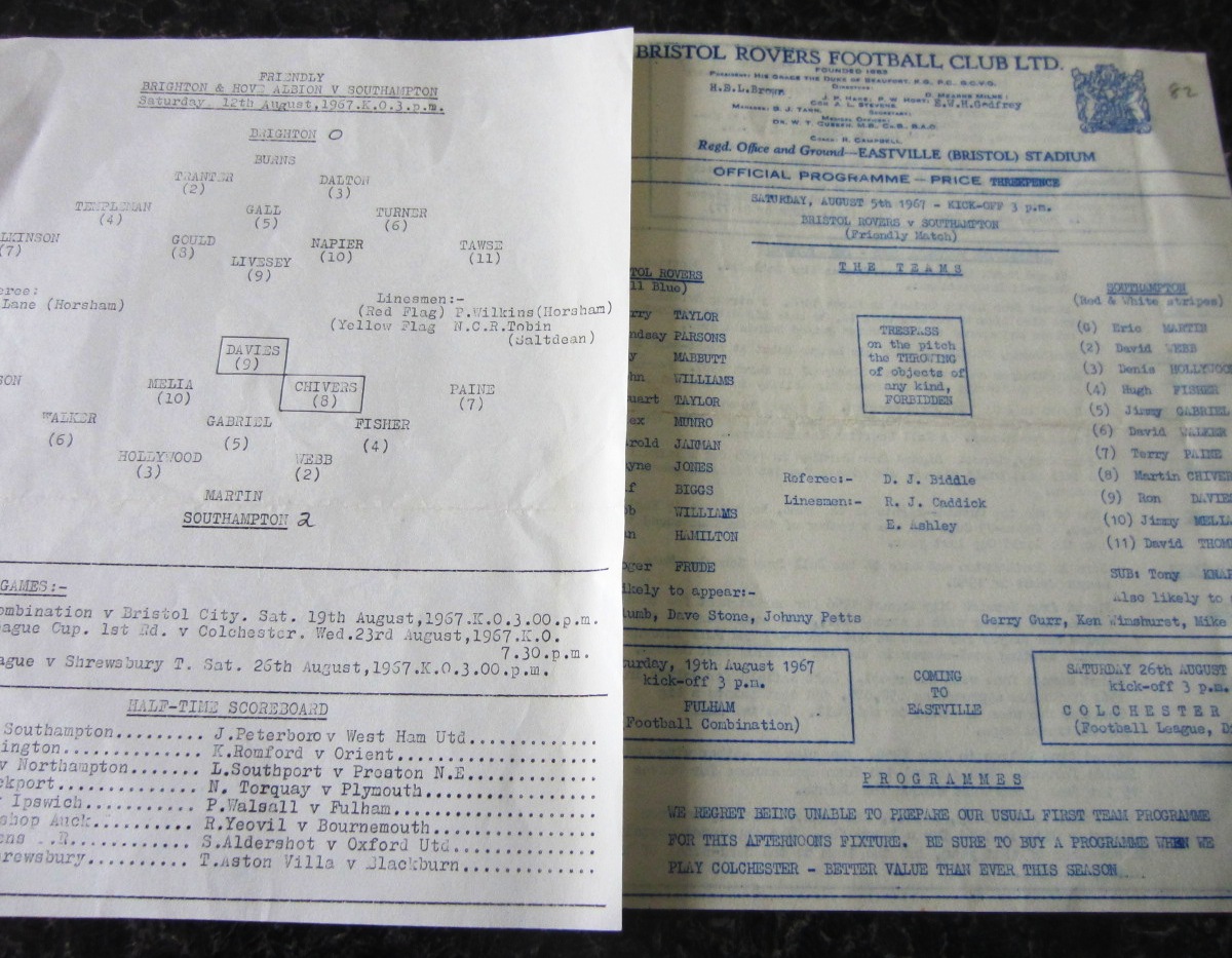 1967 SOUTHAMPTON AWAY FRIENDLY'S AT BRIGHTON & BRISTOL ROVERS