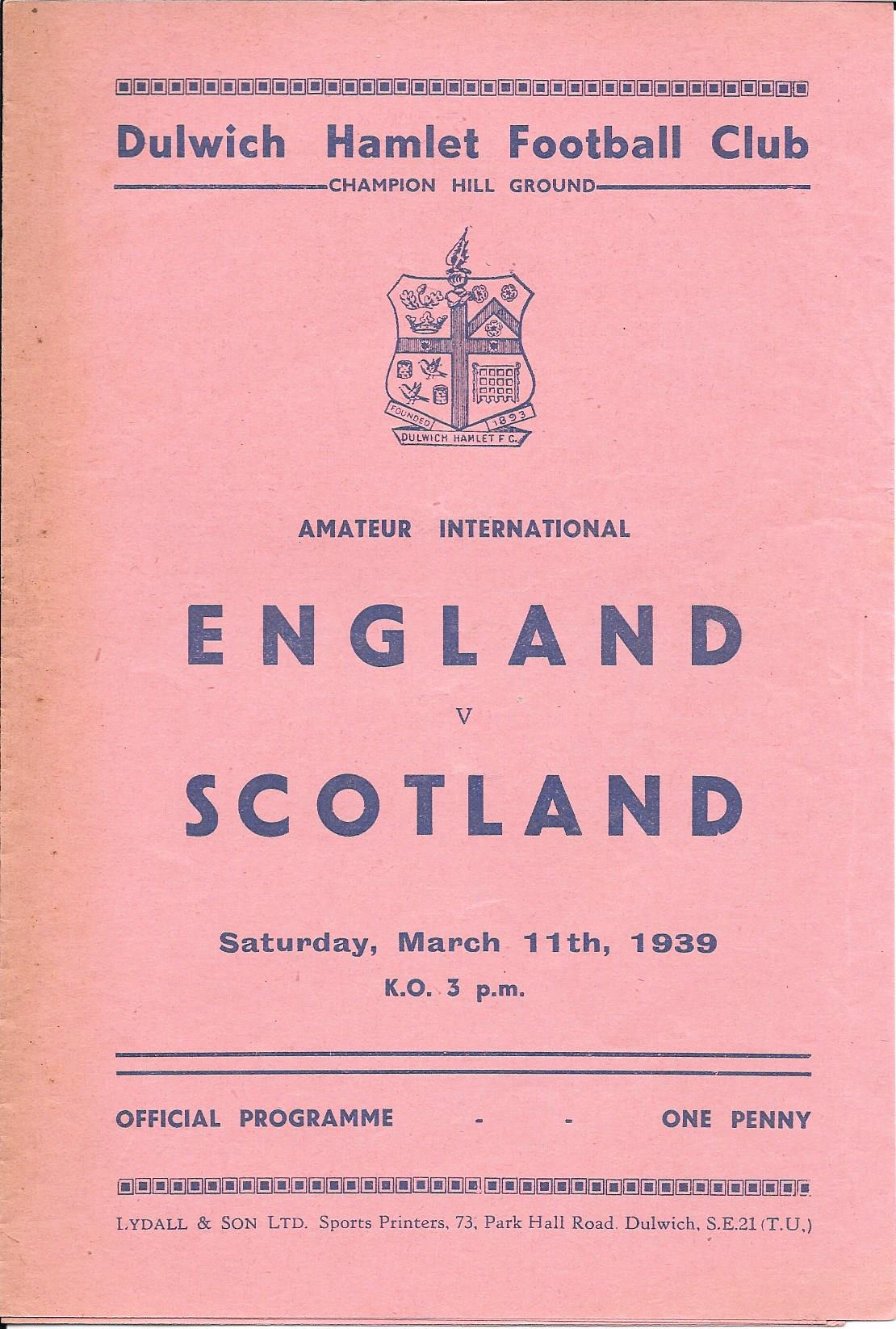 1939 ENGLAND V SCOTLAND AMATEUR INT AT DULWICH