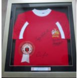 MANCHESTER UNITED 1968 FRAMED SHIRT AUTOGRAPHED BY BEST, LAW & CHARLTON