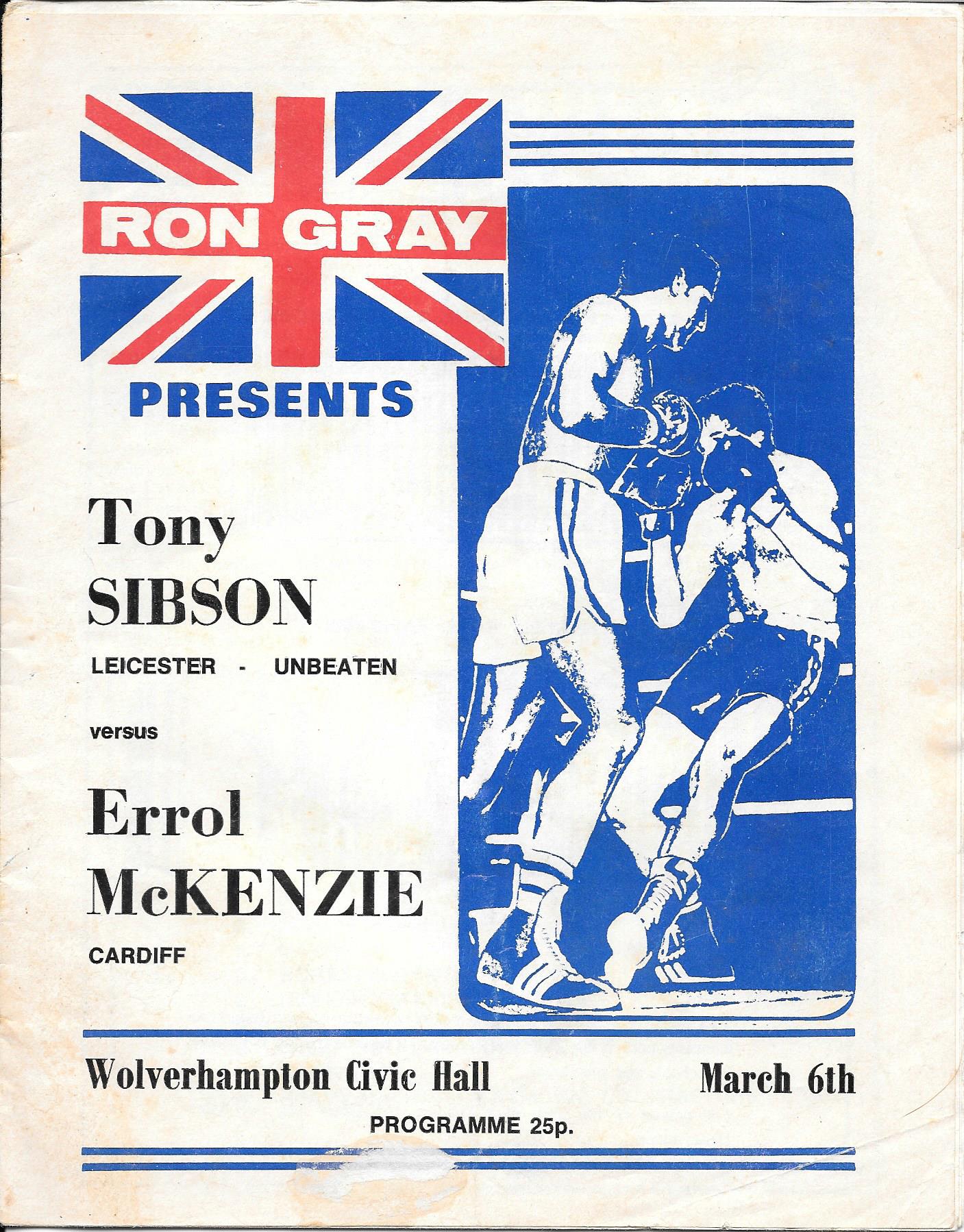 BOXING - 1978 TONY SIBSON V ERROL McKENZIE PROGRAMME AUTOGRAPHED BY SIBSON