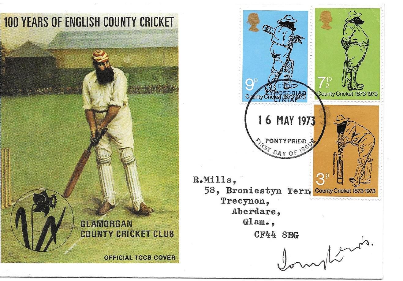 CRICKET - 1973 GLAMORGAN POSTAL COVER AUTOGRAPHED BY TONY LEWIS