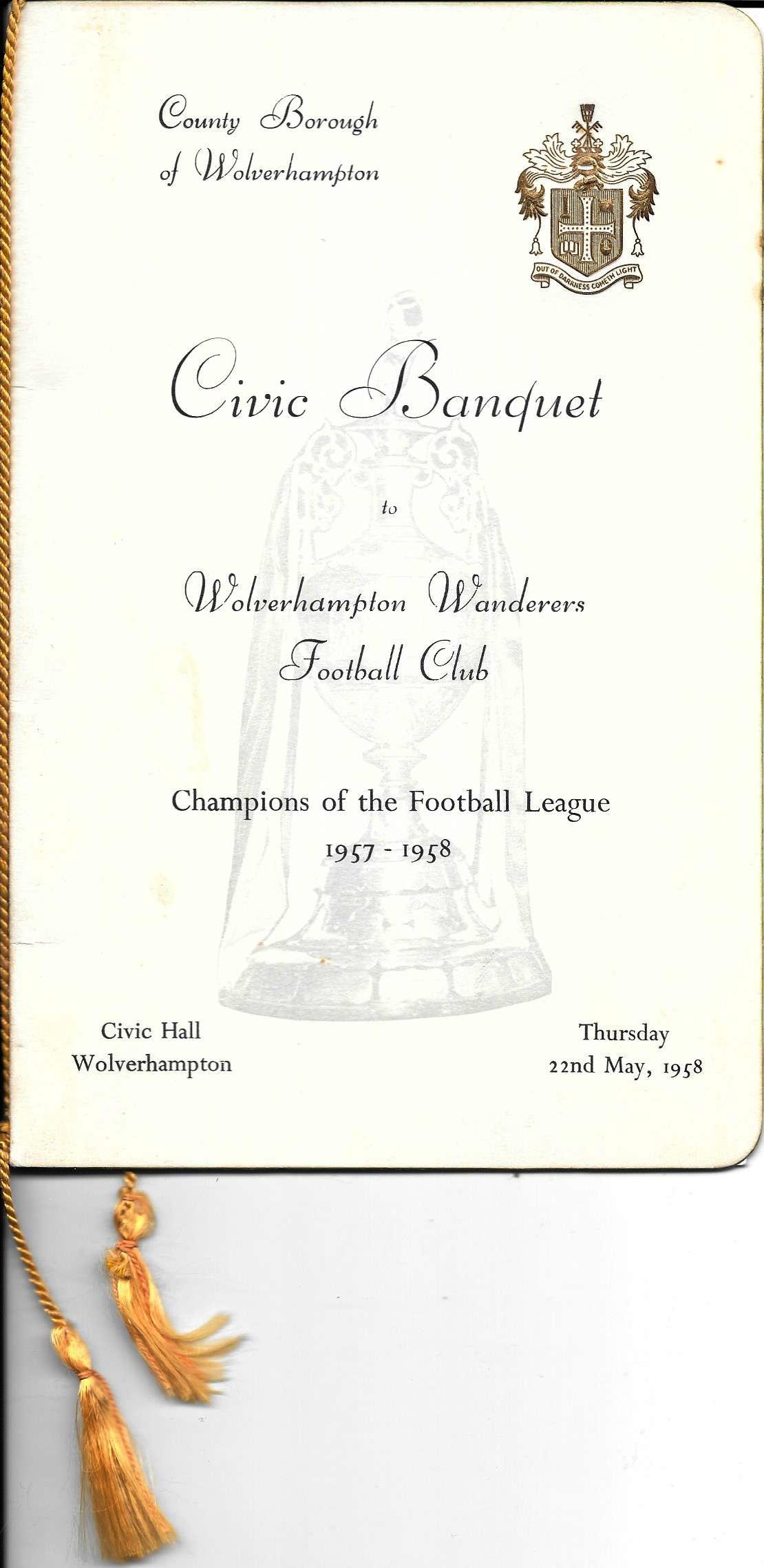 WOLVES 1957-58 CIVIC BANQUET MENU FOR WINNING THE LEAGUE
