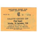 CRICKET - 1968 GILLETTE CUP FINAL SUSSEX V WARWICKSHIRE TICKET @ LORD'S