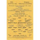 1965/66 WOLVERHAMPTON WOLVES UNDER 19 V ENGLAND YOUTH XI SINGLE SHEET