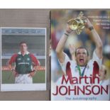 RUGBY UNION - MARTIN JOHNSON AUTOBIOGRAPHY & SIGNED LEICESTER PHOTO CARD
