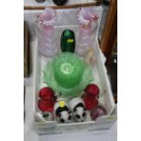 Box of glassware, cranberry glass jugs, 1920's green glass fruit set, pair of overpainted vases,