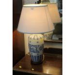 Blue and white table lamp and shade,