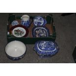 A box of miscellaneous blue and white an