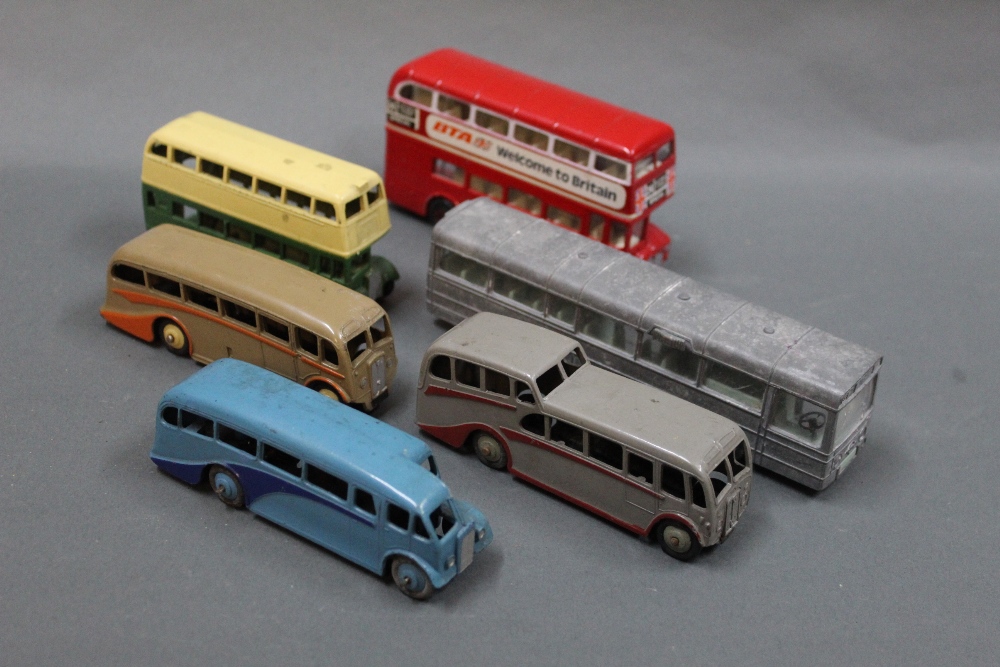 A group lot of 5 Dinky diecast model buses and a modern Corgi BTA double decker bus