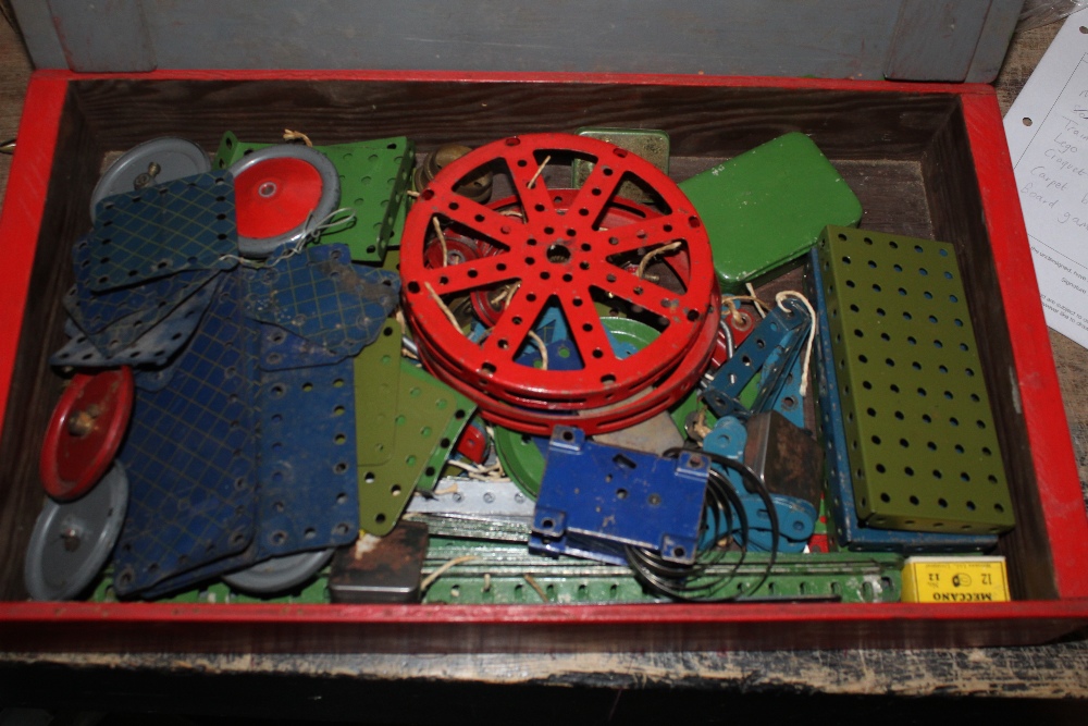 Two wooden painted chests containing Meccano. - Image 2 of 2