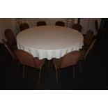 A large circular hotel dining table, wit