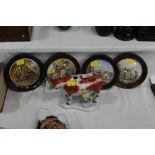 Four Prattware lids in wood frames and a