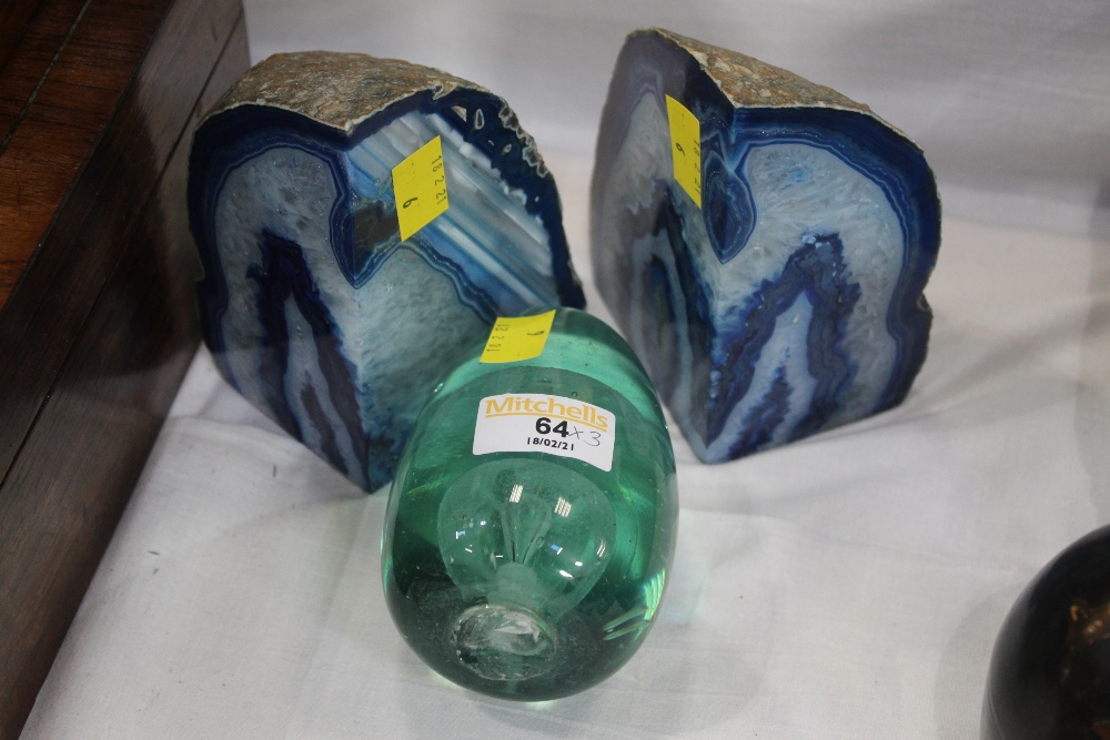 Victorian glass dump and two blue quartz type mineral samples,