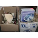 Two boxes of vases, artificial flowers, foot spa, trays,