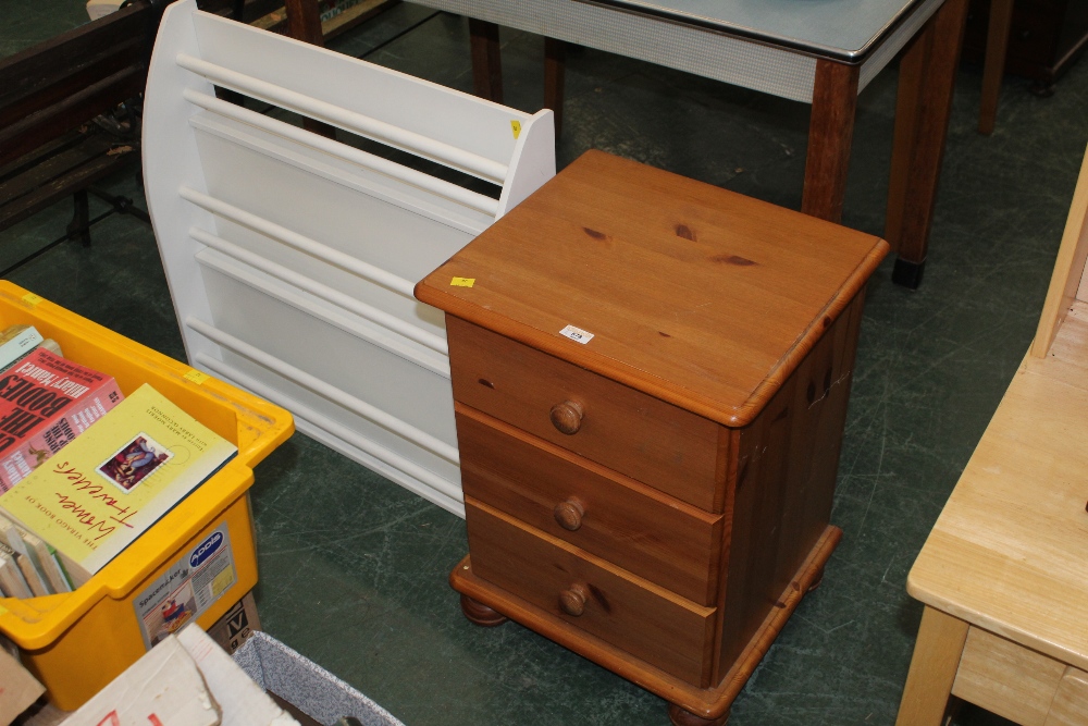 A pine three drawer bedside chest, and a