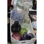 A box of glassware, vases, decanters, be