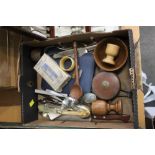 Box of cutlery, Treen egg cups, tape mea