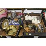 Two boxes of scales, clocks, brass tray,