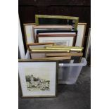 Box of pictures, prints, needlework and