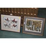 Two framed pictures, hen embroidery and