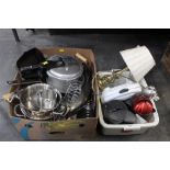 Two boxes of kitchenware, pans, Russell