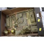 Box of brassware, inkwells, lidded boxes