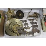 Small box of brassware, ornaments, Afrian cut out metal shapes in the form of fish,