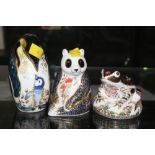 Three Royal Crown Derby paperweights (frog,