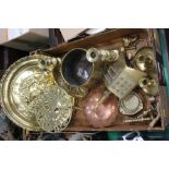 Box of brassware, circular brass tray, t